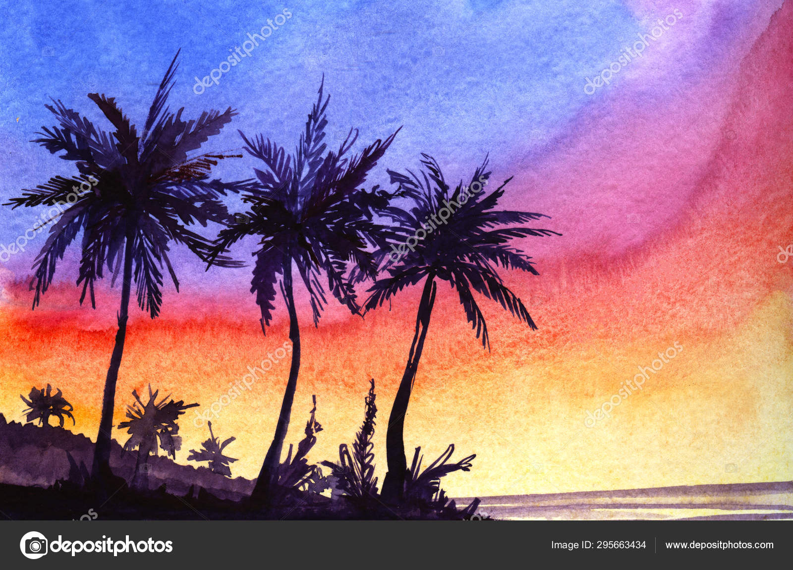 美しい熱帯の風景の背景。虹色の明るいグラデーションの夕日の空に対し