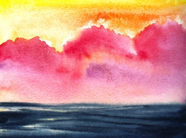カラフルな手描きの海景。柔らかいピンクとライラックのグラデーションを持つ燃えるようなオーロラの夕日は、ストライプの表面と暗い滑らかな水の上にふわふわの雲のグラデーション。紙の質感に抽象的な水彩画のイラスト. — ストック写真