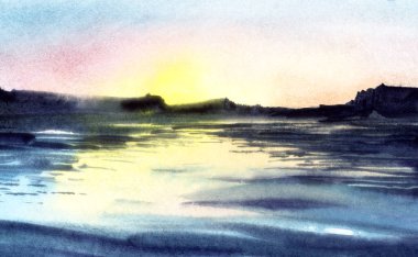 Soyut bulanık deniz manzarası arka plan. Karanlık dağ anahatları ile deniz manzarası. Karanlık dalgalar ile sakin su ihale günbatımı gökyüzü yansıtır. Taneli dokulu kağıt üzerinde elle çizilmiş suluboya illüstrasyon.