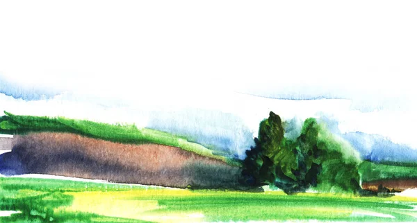 Eenvoudig landschap. Groene velden en heuvels. Groep bomen, blauwe hemel en wolken. Hand getekende aquarel illustratie. Geïntegreerd in witte achtergrond. Pagina sjabloon. — Stockfoto