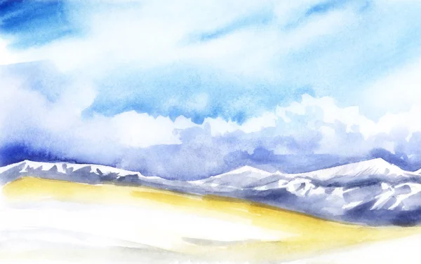 Paisaje colores pastel. Valle Amarillo, montañas púrpuras con picos de nieve blanca. Cielo azul cúmulo nubes blancas Fondo de acuarela abstracto con efecto difuminado. Ilustración dibujada a mano sobre papel de textura . —  Fotos de Stock