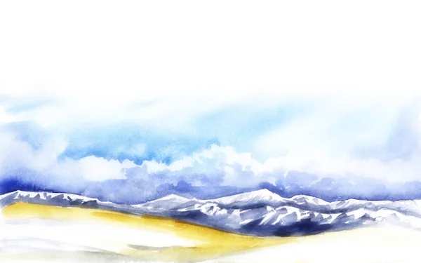 Paisaje colores pastel. Valle Amarillo, montañas púrpuras con picos de nieve blanca. Cielo azul cúmulo nubes blancas Fondo de acuarela abstracto con efecto difuminado. Ilustración dibujada a mano sobre papel de textura . — Foto de Stock