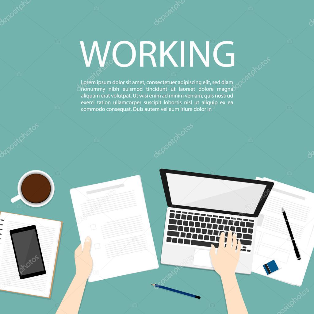 hand use notebook working business top view vector