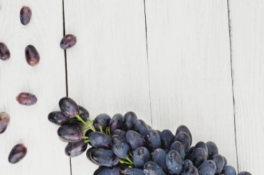 Eski ahşap rustik beyaz kalaslar üzerinde dağınık üzüm ve taze olgun mavi üzüm demet