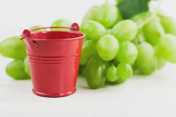 Red empty metal bucket beside of bunch of fresh ripe green grapes on old wooden rustic white planks