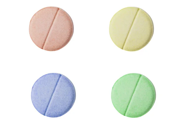 Set Quattro Diverse Pillole Colore Giallo Verde Rosso Blu Sano — Foto Stock