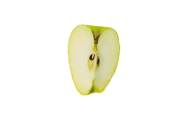 Jeden Řez Čerstvého Surového Jablka Zelené Barvy Izolované Bílém Pozadí — Stock fotografie