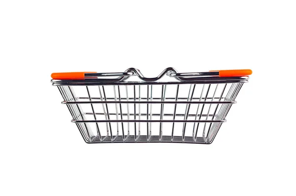 One Empty Market Basket Made Chrome Metal Wire Orange Rubber — Stock Photo, Image