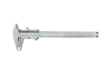 Beyaz arka planda bir metal Vernier Kaliper izole. Üst görünüm. Endüstriyel konsept