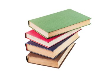 Beyaz arka plan üzerinde izole ciltli farklı eski boş kitap yığını