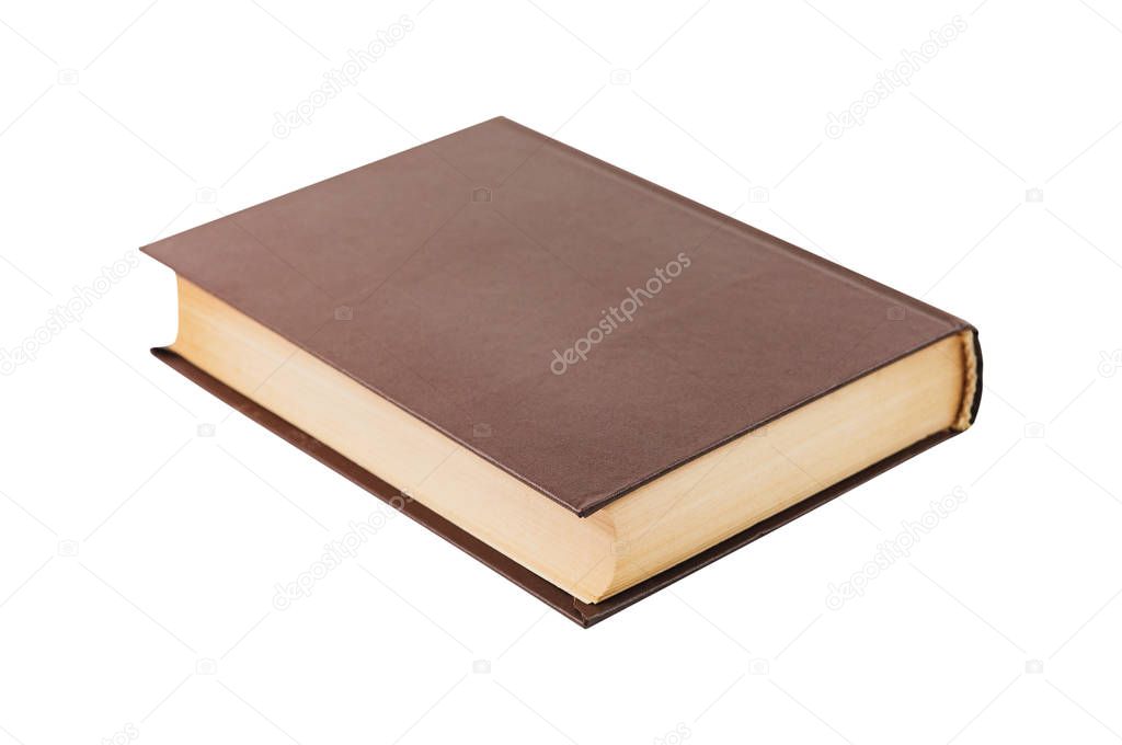 One brown color old blank book with hardcover isolated on white background