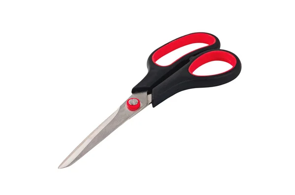 一个新的干净的锋利金属剪刀与黑色和红色手柄隔离在白色背景 剪切路径 — 图库照片