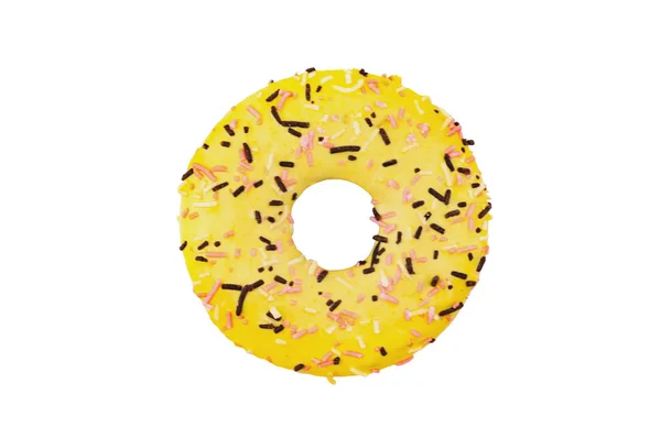 Círculo Gostoso Assado Donut Com Furo Decorado Geada Amarela Isolado — Fotografia de Stock