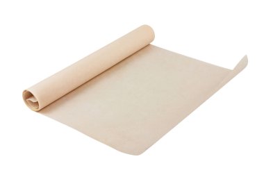Beyaz arka plan üzerinde izole temiz pişirme kağıdı kahverengi renk bir yeni açılmak rulo
