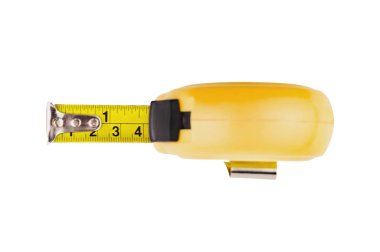 Gölge olmadan beyaz arka planda izole tek sarı plastik bant ölçümü