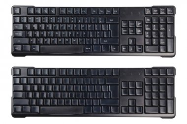 Siyah plastik kablosuz bilgisayar klavyeleri ile semboller ve beyaz arka planda izole olmadan. Üst görünüm