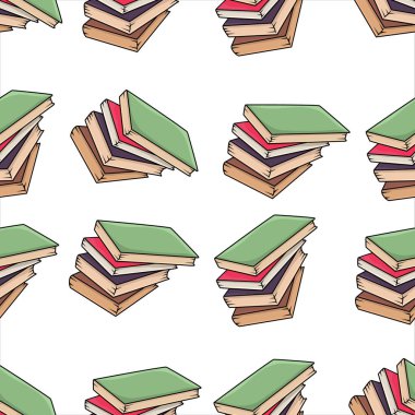 Beyaz arka planda karikatür tarzında renkli kağıt kitap yeşil, kırmızı, menekşe, kahverengi renkler birçok yığını satırları. Dikişsiz desen