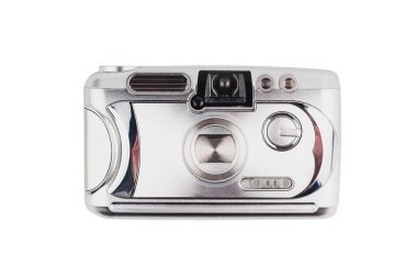 Beyaz arka planda izole eski parlak gümüş plastik fotoğraf makinesi. Üst görünüm