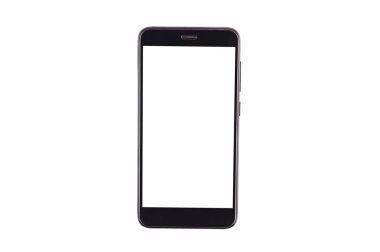 Beyaz arka planda yalıtılmış boş beyaz ekran ile tek siyah akıllı telefon. Kırpma yolu-görüntü. Üst görünüm