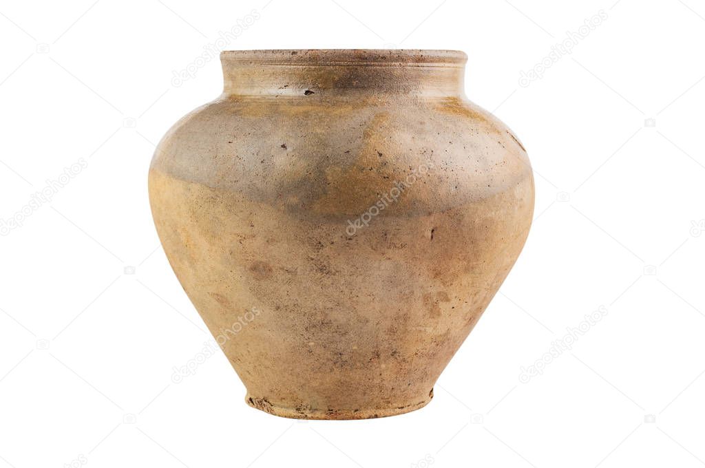 One old antique worn and dirty vase isolated on white background
