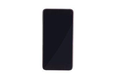 Beyaz arka planda izole boş ekran ile tek siyah smartphone. Kırpma yolu-görüntü. Üst görünüm