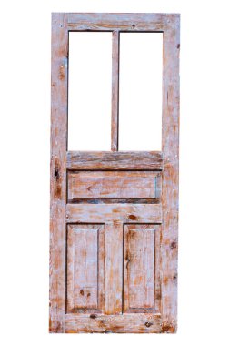 Beyaz arka planda izole düğümlerle tüm eski kirli ahşap kapı