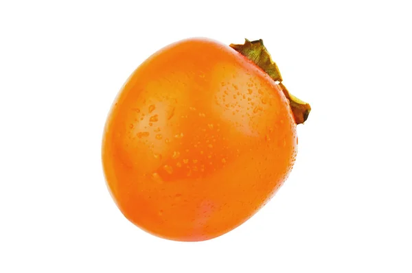 一个湿全成熟的柿子与水滴隔离在白色背景 — 图库照片