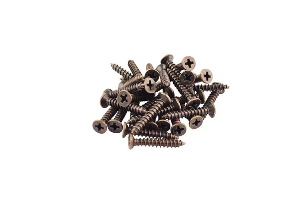 Heap Bronze Copper Screws Wood Metal Isolated White Background Shadow — Stock Photo, Image
