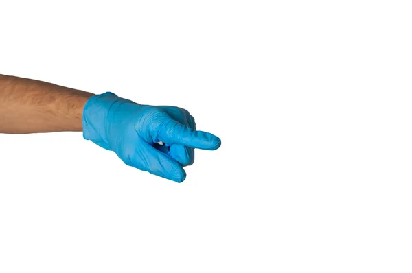 Ludzka Ręka Rękawiczce Niebieską Gumą Białym Tle Koncepcja Medyczna Lub — Zdjęcie stockowe