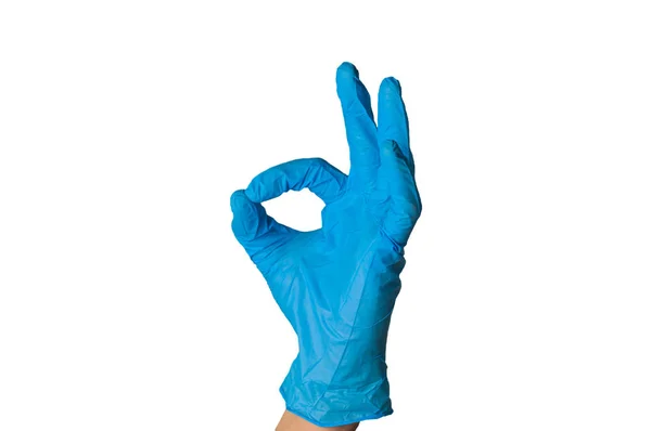 Human Hand Blue Rubber Glove Showing Isolated White Background Medical — Stock Photo, Image