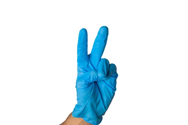 Человеческая Рука Синей Резиновой Перчатке Изолирована Белом Фоне Медицинская Моющая — стоковое фото