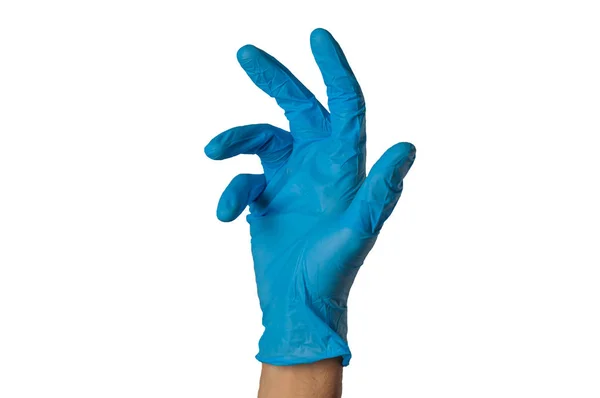 Human Hand Blue Rubber Glove Isolated White Background Medical Cleaning — Stockfoto