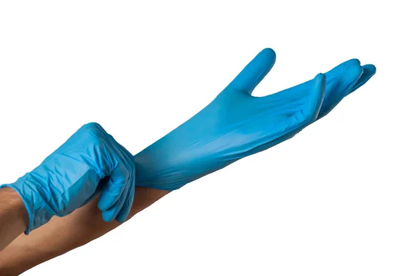 Human Hand Blue Rubber Glove Isolated White Background Medical Cleaning — Stock Photo, Image