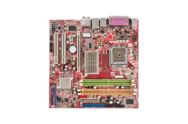 Beyaz arka planda izole elektronik bileşeni ile bilgisayar için bir kırmızı kare anakart. Üst görünüm