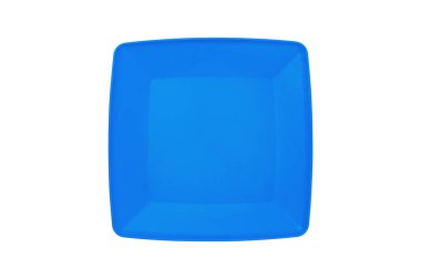 Beyaz arka planda izole mavi boş kare plastik plaka. Üst görünüm