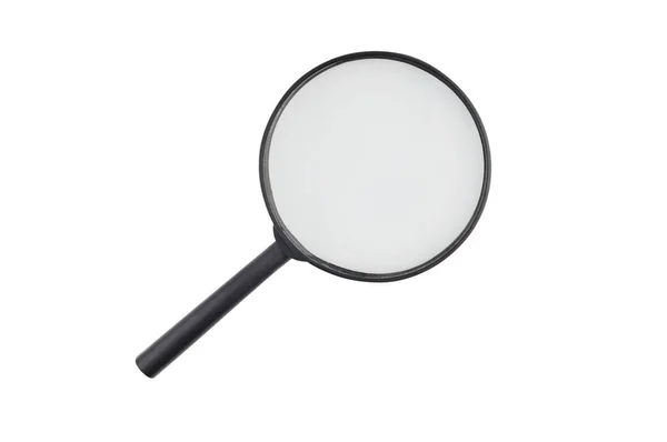 黒いプラスチックフレームと白い背景に隔離されたハンドルを持つ1つの円透明なガラス拡大鏡 — ストック写真