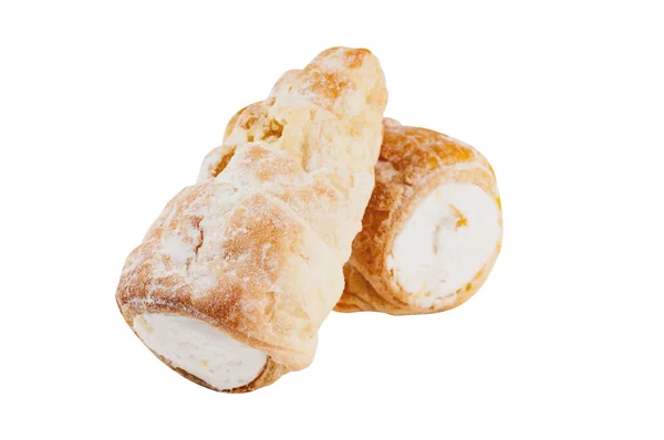 Due Rotoli Soffio Forno Con Crema Isolata Sfondo Bianco Senza — Foto Stock