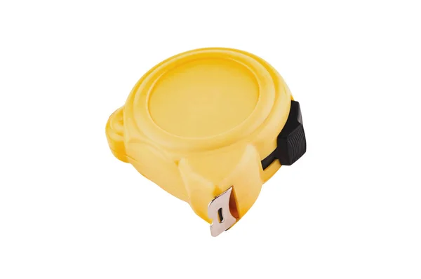 Single Yellow Plastic Tape Measure Isolated White Background Shadow Stock Photo