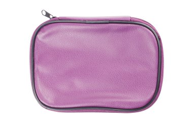 Beyaz arka plan üzerinde izole fermuar ile Modern kapalı kozmetik çanta mor renk. Üstte görüntü