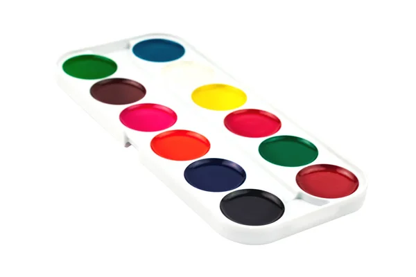 Один Открытый Пластиковый Пейнтбокс Акварельной Краской Различных Цветов Радуги Изолированы — стоковое фото