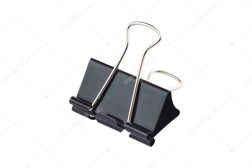 Black metal paper clip with chrome handles for attaching moneys, paper sheets and other documents isolated on white background