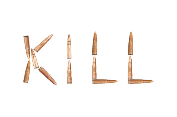 Word Kill Laid Out Shiny Bullets Assault Rifle Isolated White — 스톡 사진