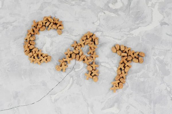 Word CAT laid out of dry brown cat food on old gray concrete floor