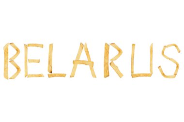 Kelime Beyaz Beyaz Beyaz beyaz arka plan üzerinde izole kızarmış patates kızartması uzun çubuklar dışarı koydu