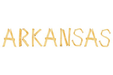 Word Arkansas beyaz arka plan üzerinde izole kızarmış patates kızartması uzun çubuklar dışarı koydu