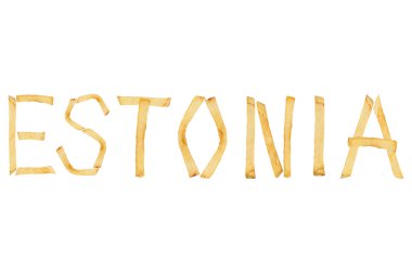 Kelime Estonya beyaz arka plan izole kızarmış patates kızartması uzun çubuklar dışarı koydu