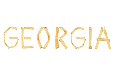 Kelime Gürcistan beyaz arka plan üzerinde izole kızarmış patates kızartması uzun çubuklar dışarı koydu