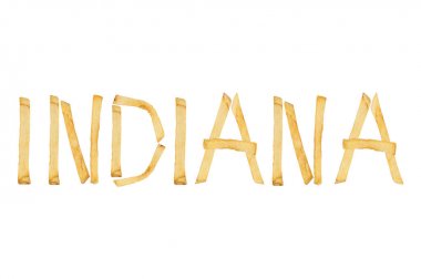 Word Indiana beyaz arka plan üzerinde izole kızarmış patates kızartması uzun çubuklar dışarı koydu