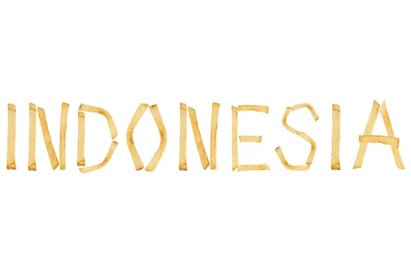 Słowo Indonezja Ułożone Długich Laski Smażone Frytki Izolowane Białym Tle — Zdjęcie stockowe