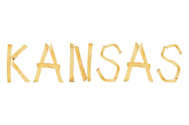 Word Kansas beyaz arka plan üzerinde izole kızarmış patates kızartması uzun çubuklar dışarı koydu